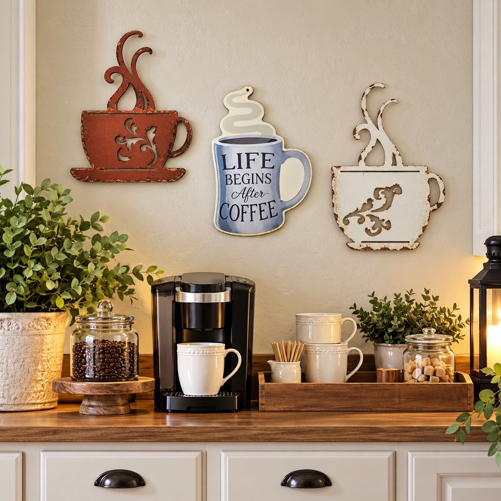 Rustic Metal Coffee Cup Wall Decor Set of 3 Farmhouse Kitchen Coffee Bar Signs
